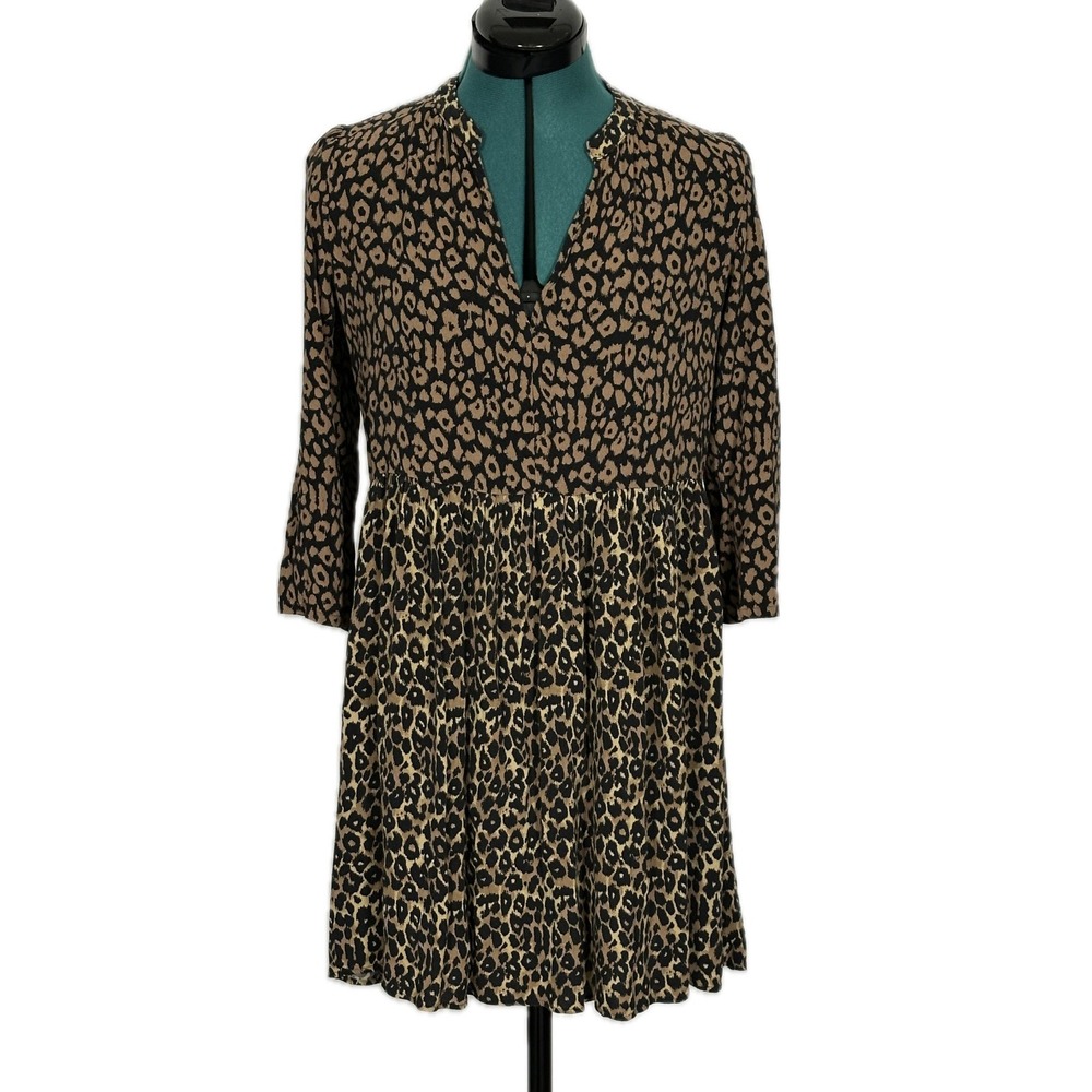 Maeve Anthropologie Leopard Print Tunic Dress Size Medium Brown Boho Babydoll
